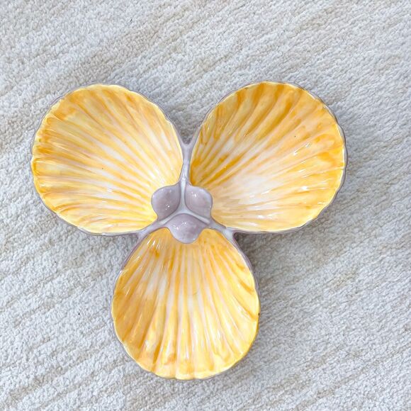 Stangl 12in Yellow Purple Triple Three 3 Shell Serving Nut Dip Dish Vintage - Picture 1 of 6